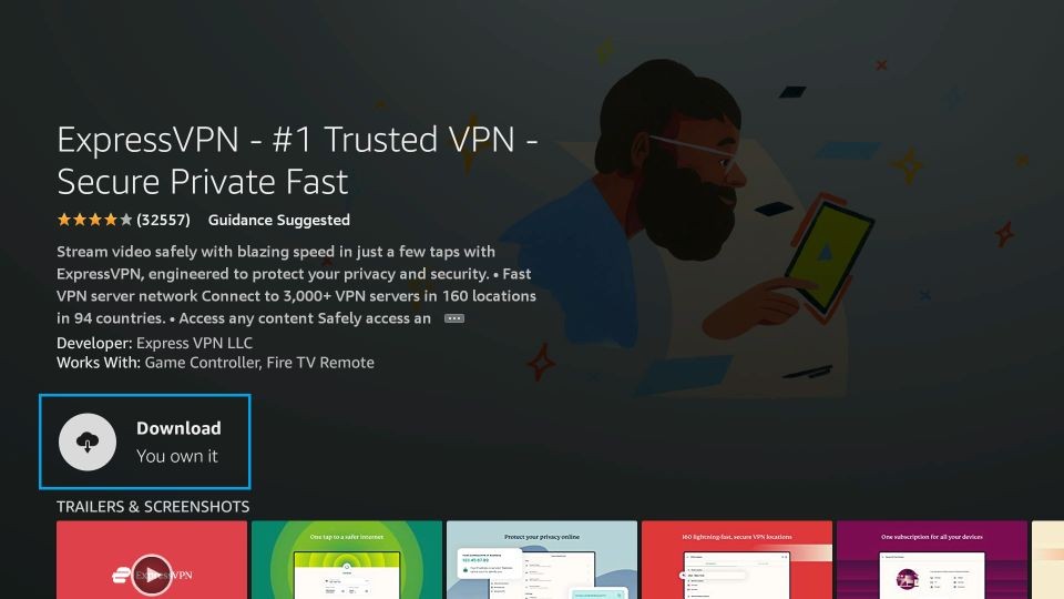 Click “Download” to install the ExpressVPN app for Fire TV / Stick.